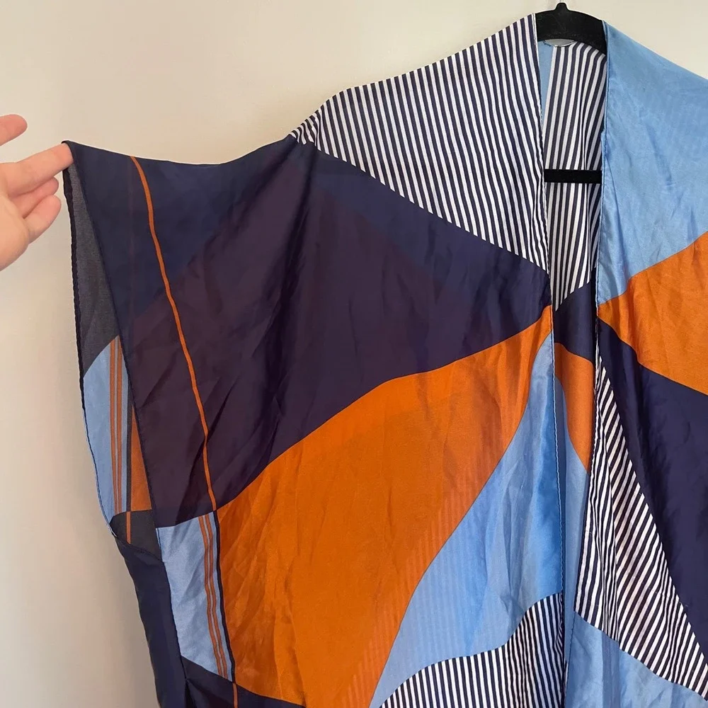 Jessica McClintock Geometric Colorblock Kimono Wrap Navy Orange Blue Striped